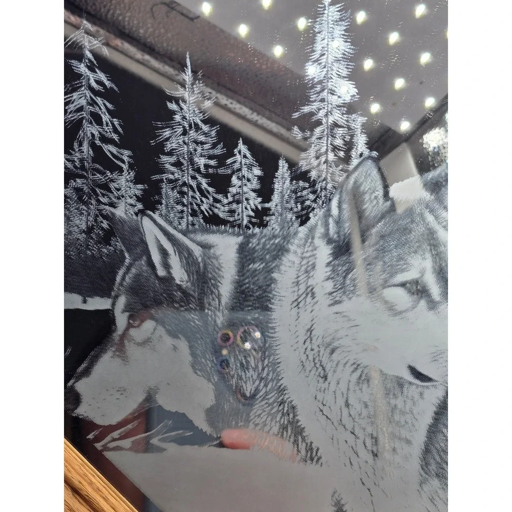 Vintage Octagon Etched Wolf Mirror 12in Brown Rustic Wood Frame Cabin Cottage